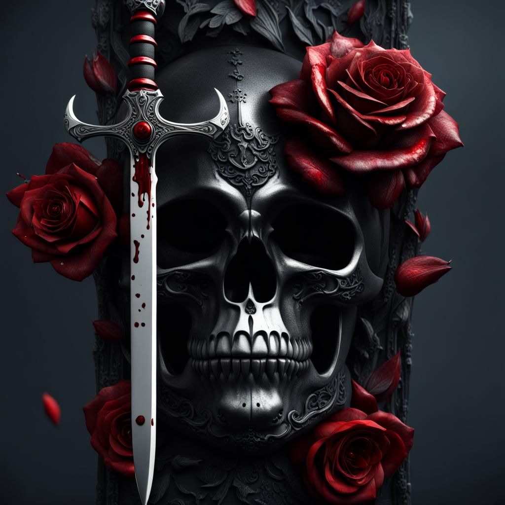 Hyperrealistic Black Dagger with Futuristic Skulls and Roses