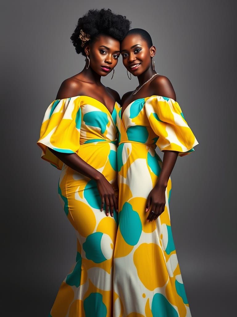 Elegant Black Women in High-Fashion Gowns Studio Portrait