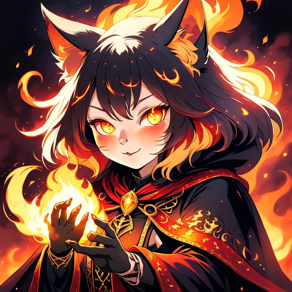 Fantasy Cat Girl Casting Fire Magic in Anime Style