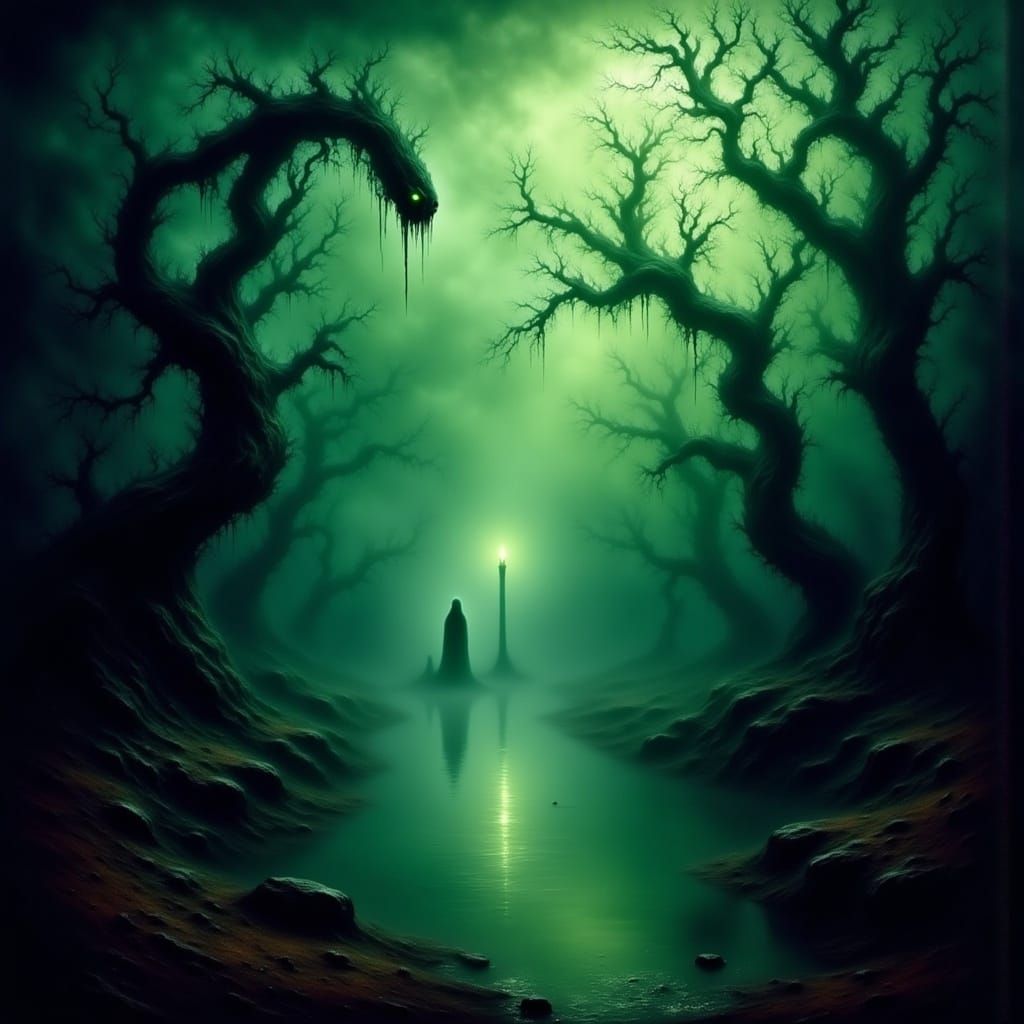 Eerie Forest Pond with Ominous Green Glow