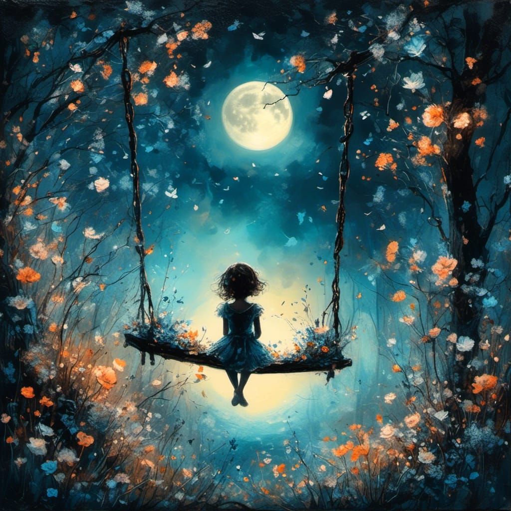 Fairy on Swing Before Moon in Light Art Style