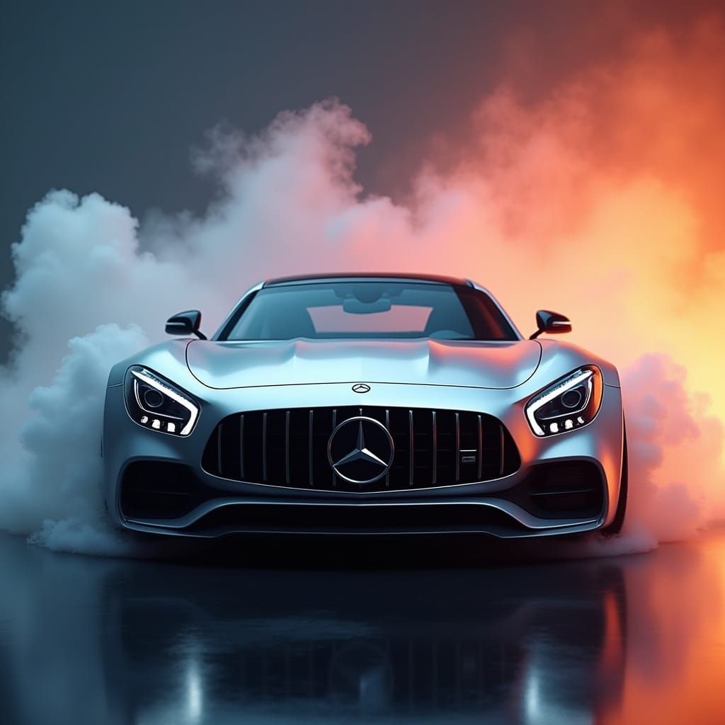 Sleek Silver Mercedes Car Speeds Through Gradient Background