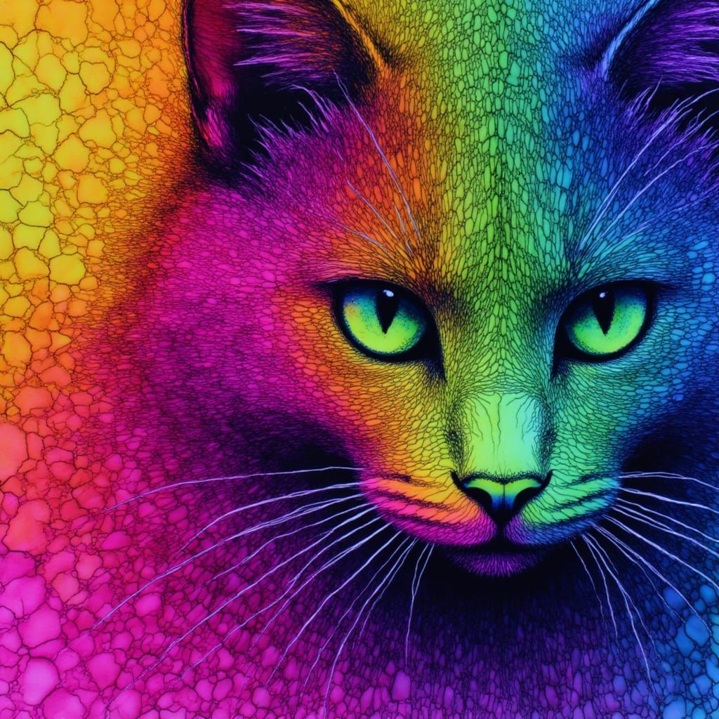 Vibrant Neon Cat Portrait in Escher and Kusama Style