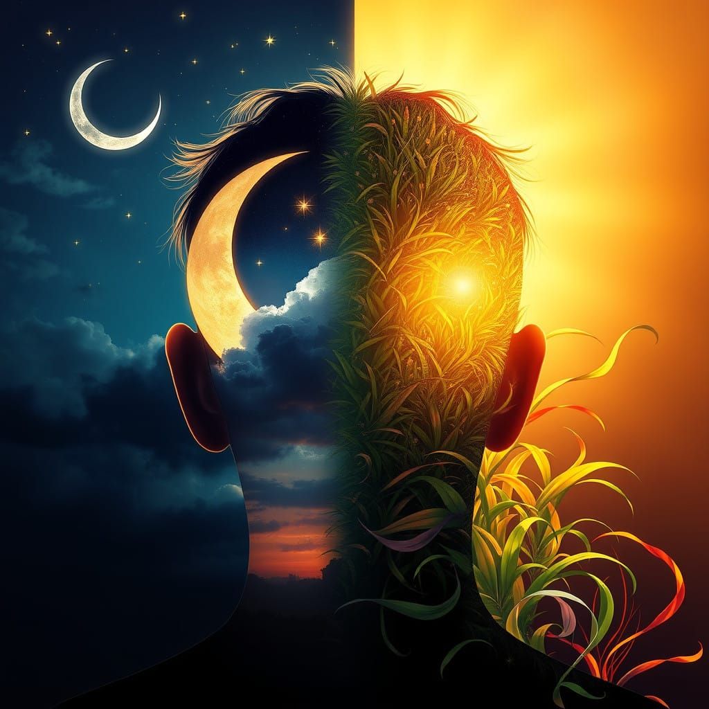 Surreal Moonlit Landscape Split in Whimsical Dreamlike Realm...