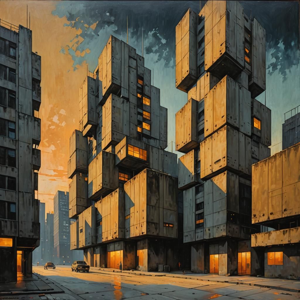 Brutalist Cityscape at Twilight in Oil on Canvas