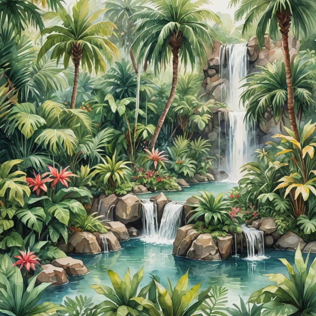 Tropical oasis with waterfalls
