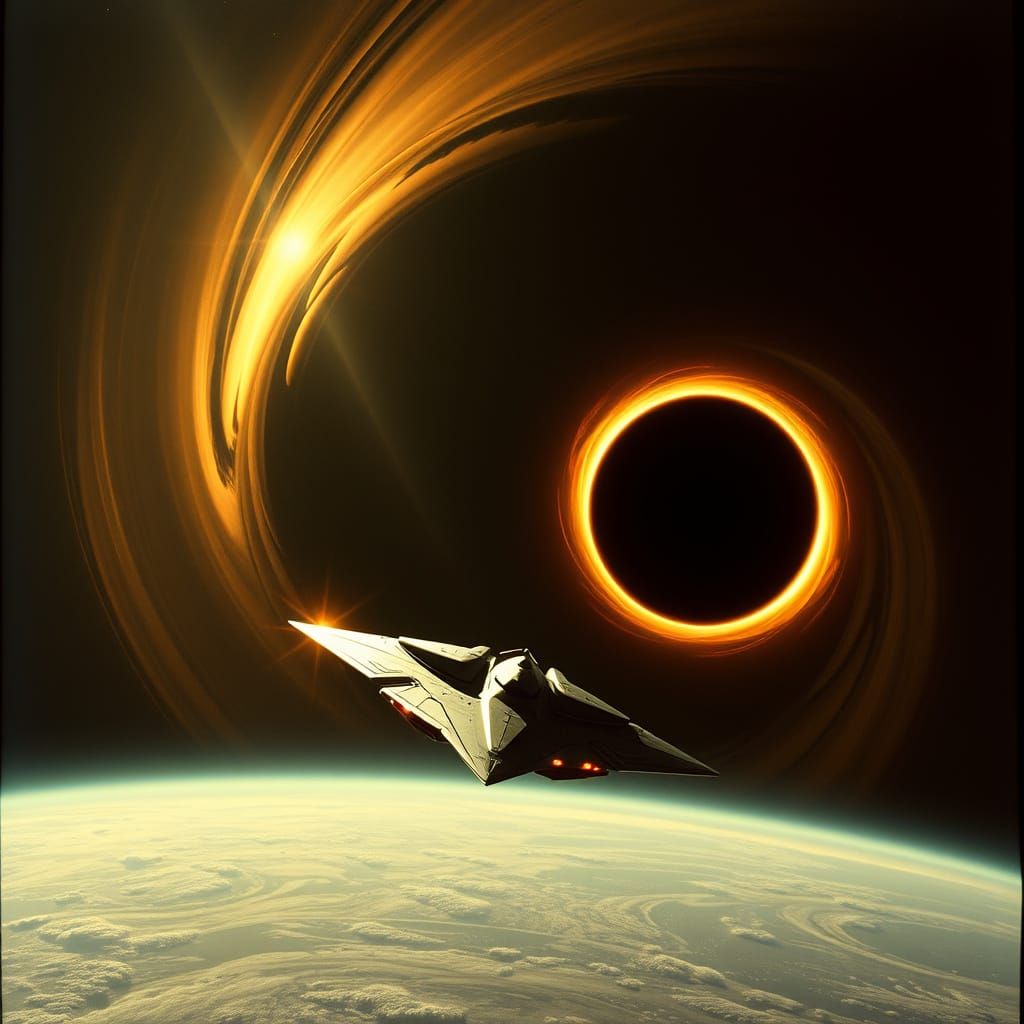 Sleek Spaceship Approaches Black Hole in Futuristic Cosmic L...
