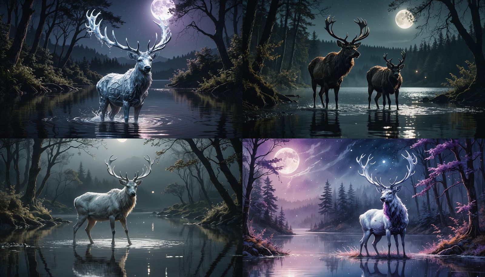Ethereal Stag Drinking from Moonlit Lake
