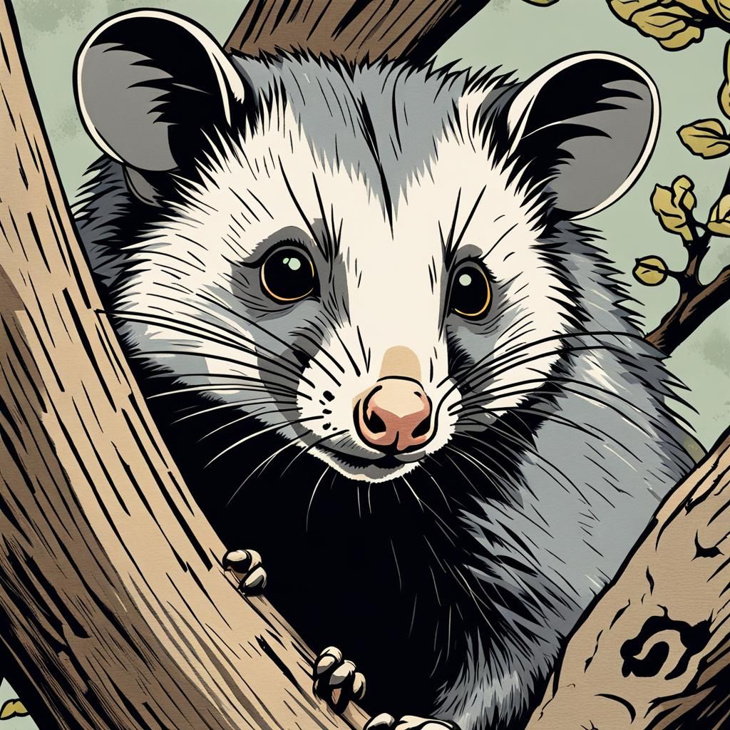 Gray Opossum Woodblock Print in Anime Style