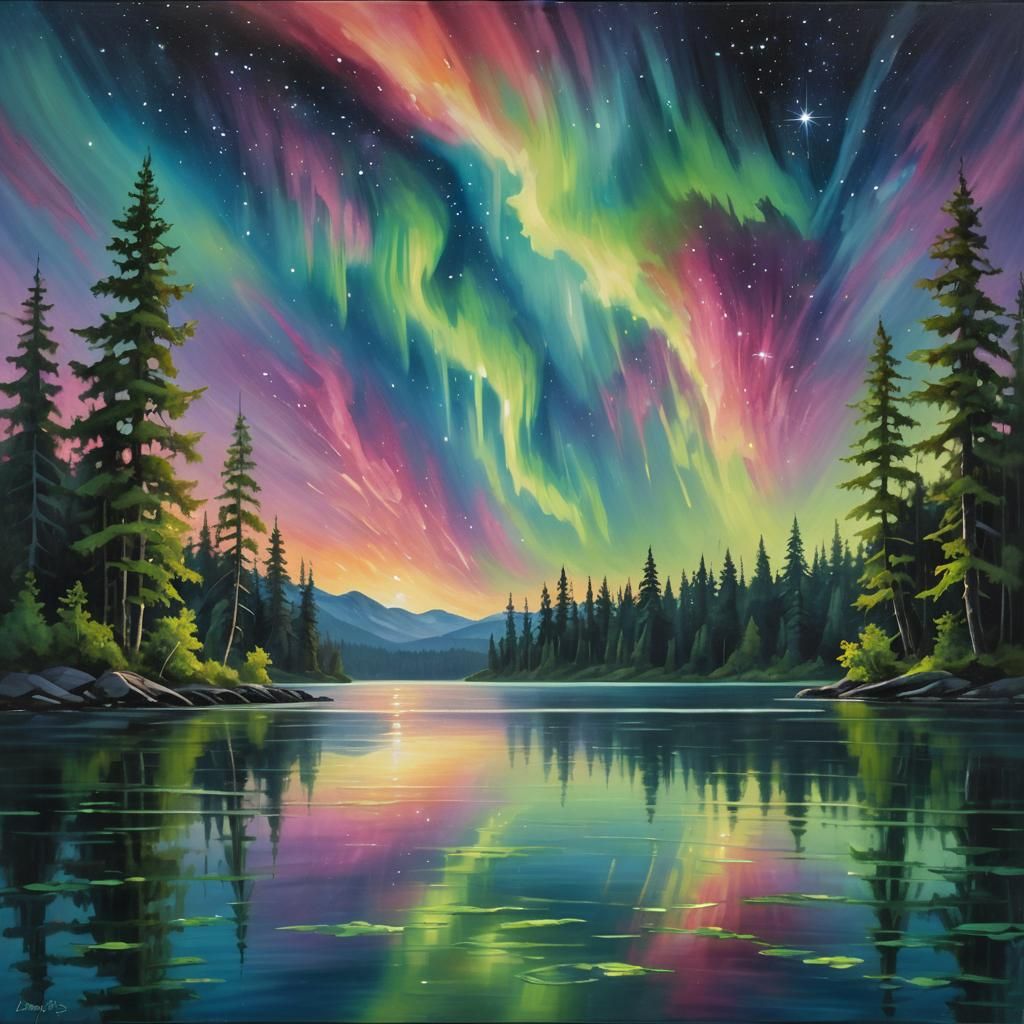 Aurora Borealis Reflected in Summer Lake: Impressionist Pain...