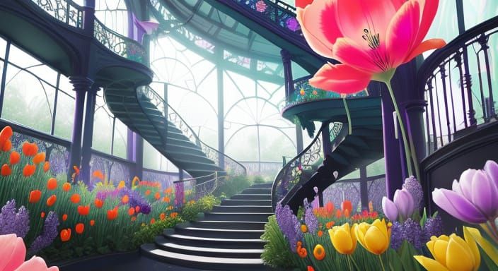 Surreal Mansion Greenhouse with Winding Staircase and Eerie ...