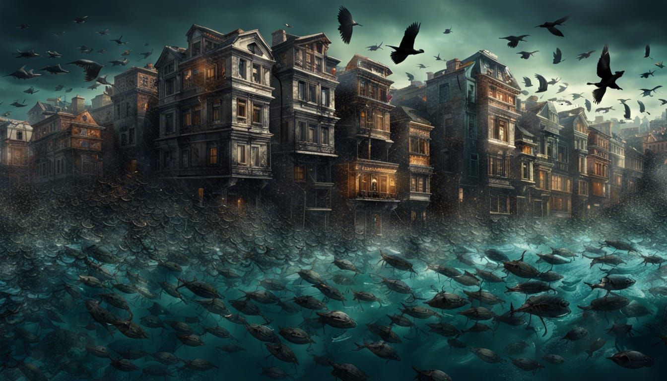 Post-Apocalyptic Submerged City with Birds and Fish