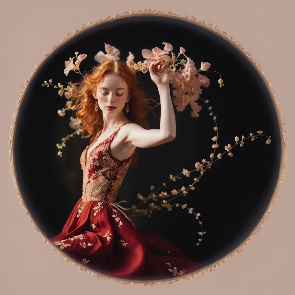 Ginger Woman in Crimson Dress, Baroque Portrait