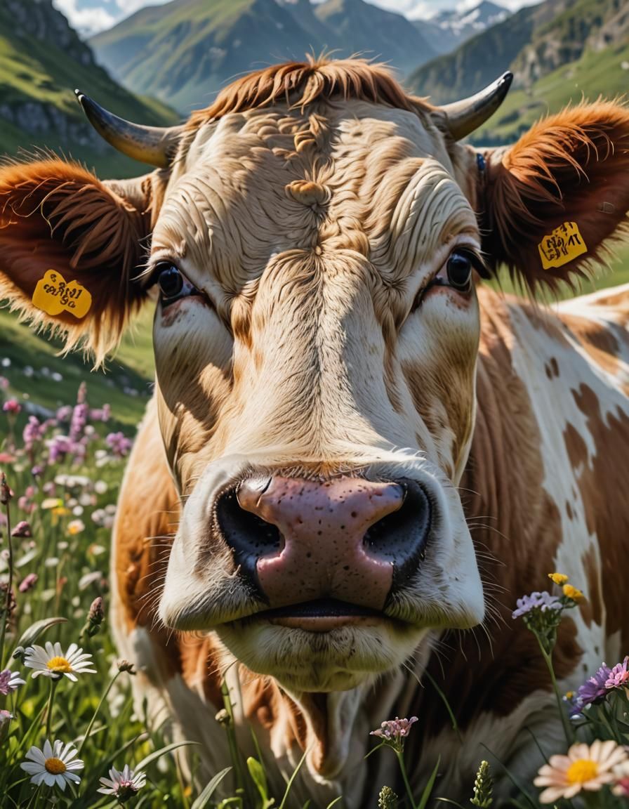 Hyper-Realistic Cow Portrait in Mountain Landscape