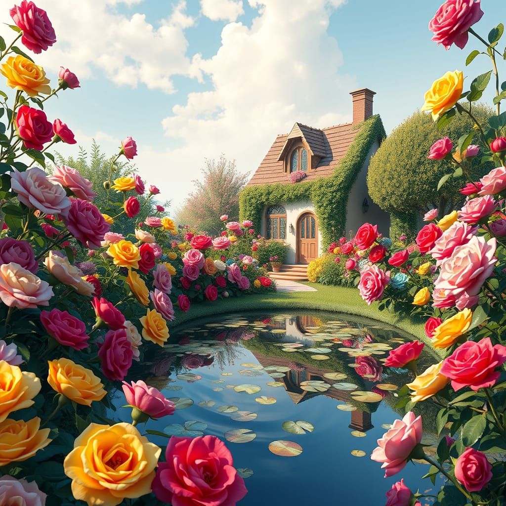 Whimsical Rose Garden in Vibrant Colors, with Quaint Cottage...