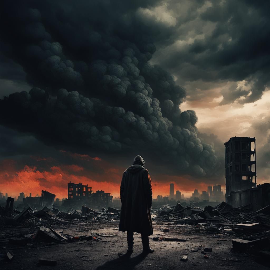 Apocalyptic Wasteland: Lone Figure in Ruined City