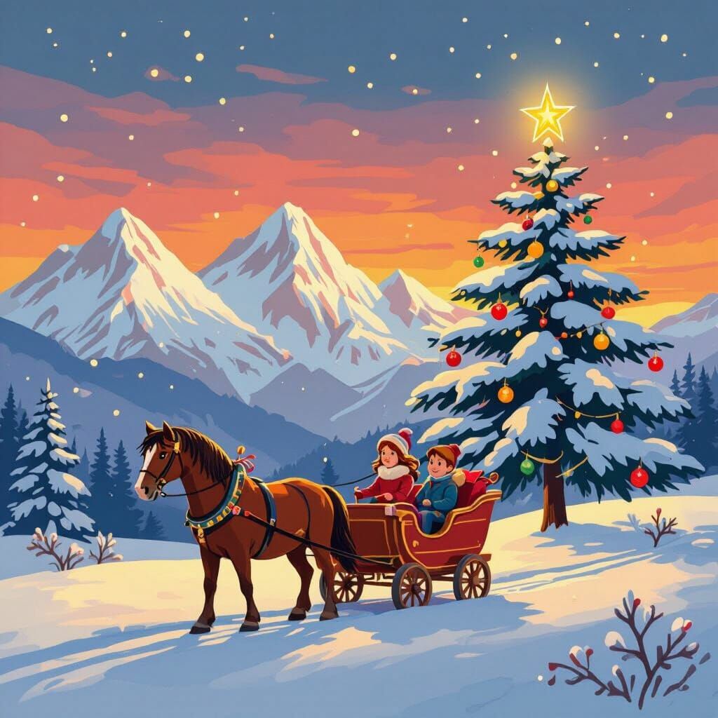 Whimsical Christmas Scene with Horse-Drawn Cart and Girl