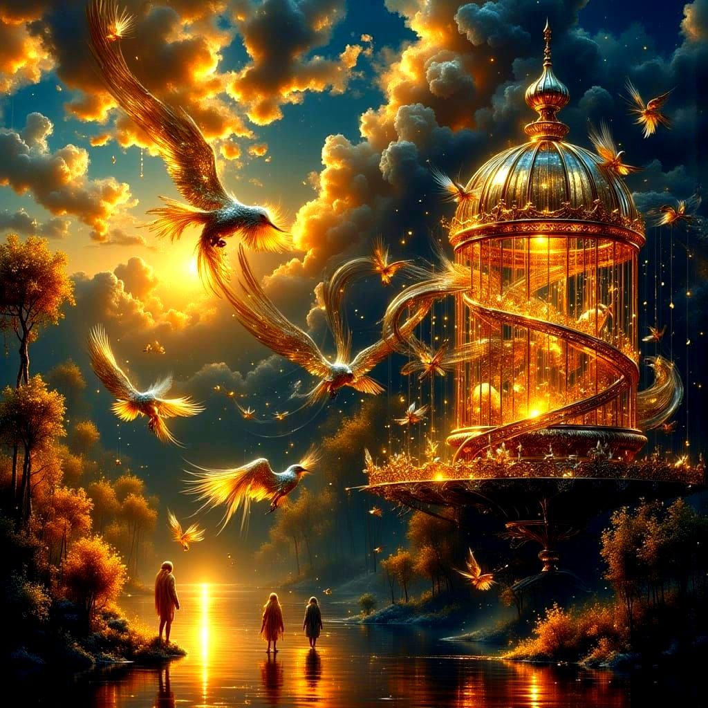 Ornate Bird Cage with Golden Birds in Cosmic Landscape