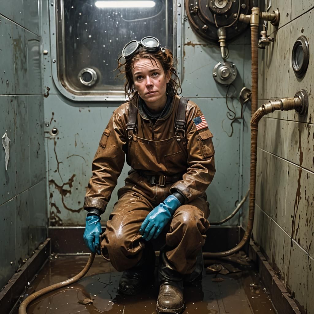 Exhausted Worker in Spacefreighter Restroom: Hyperdetailed P...