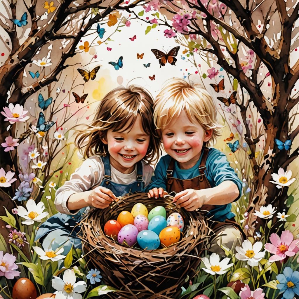 Children Find Giant Chocolate Egg in Watercolor Garden