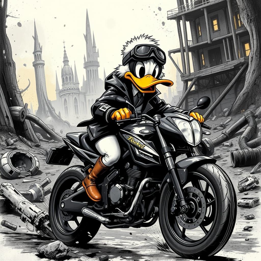 Disney's Donald Duck in Dark Cyberpunk Landscape