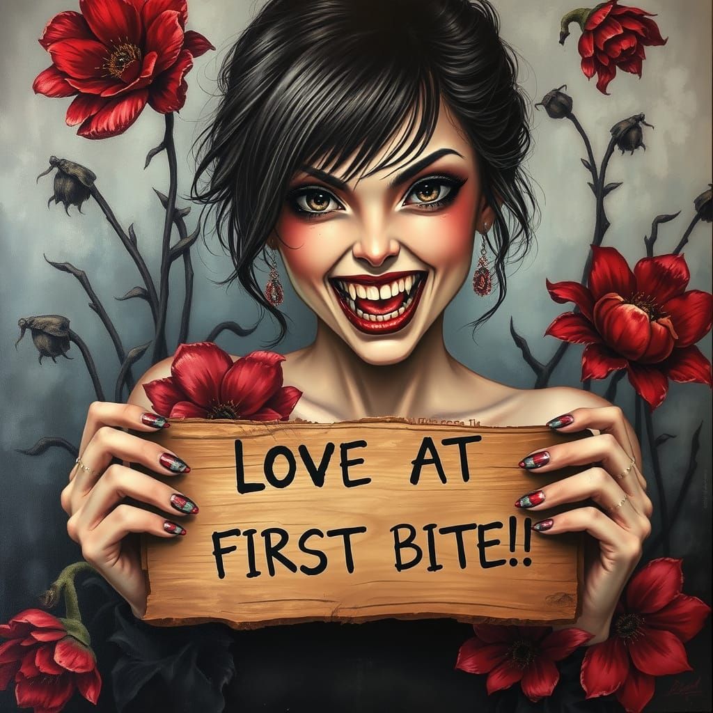 Vampire with Decaying Flowers in Airbrushed Oil Painting