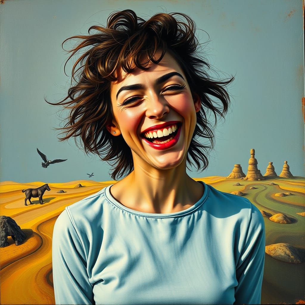 Dreamlike Portrait of Laughing Woman in Surrealist Style