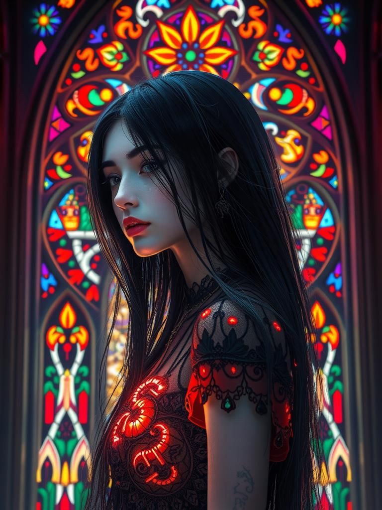 Gothic Goth Girl in Stained Glass Style