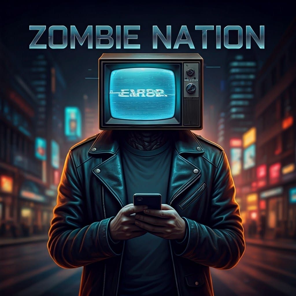 Man with TV Head in Dystopian Cityscape