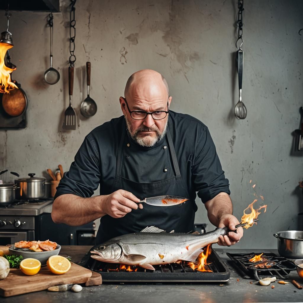 Wild Cook Preparing Fish in Burning Oven