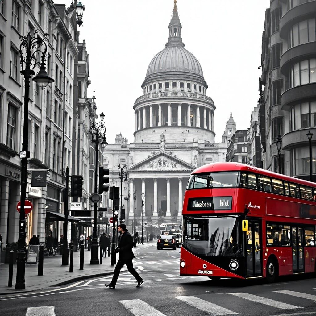 London Foggy Streetscape with Colorful Bus