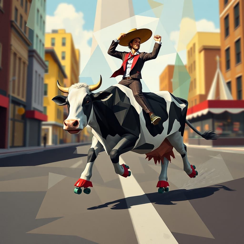 Cow on Roller Skates: Cubist Geometric Art Deco