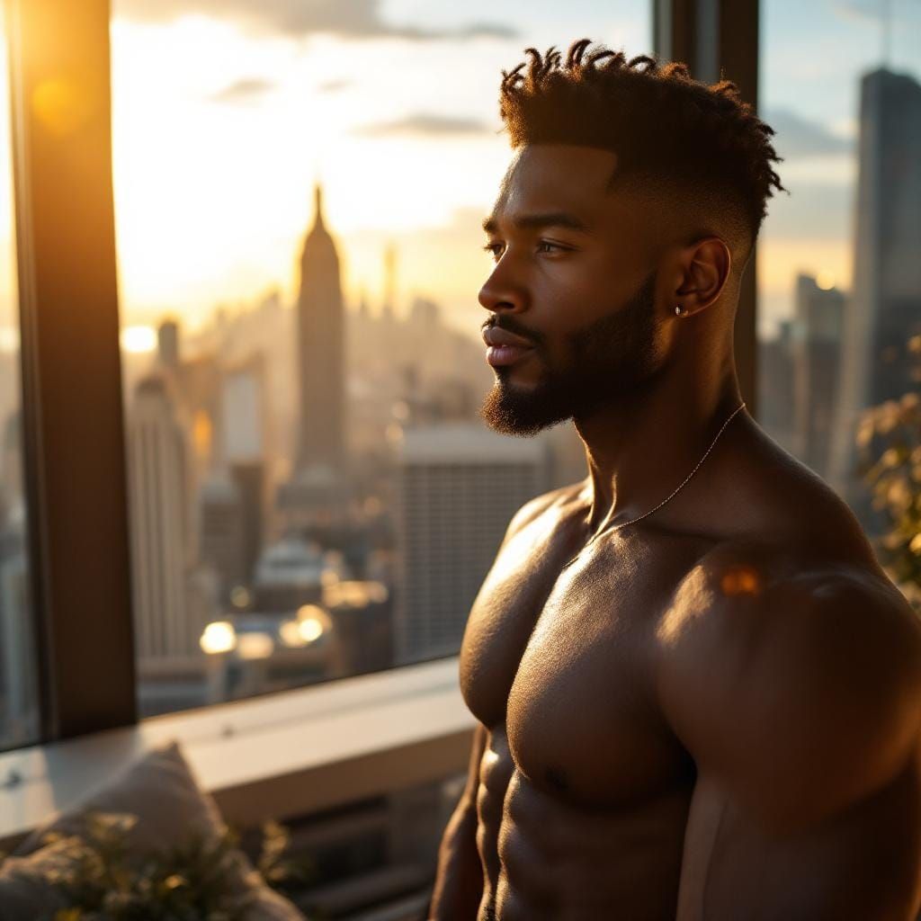 Confident Man in Penthouse, Hyperrealistic Style