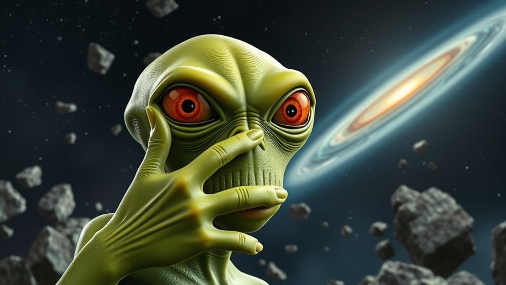 Green Alien Apologizes in Starry Space