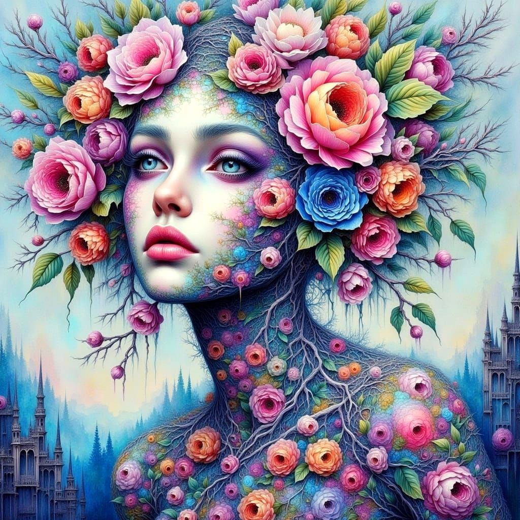 Ethereal Goddess Made of Roses in Impressionist Minimalist S...