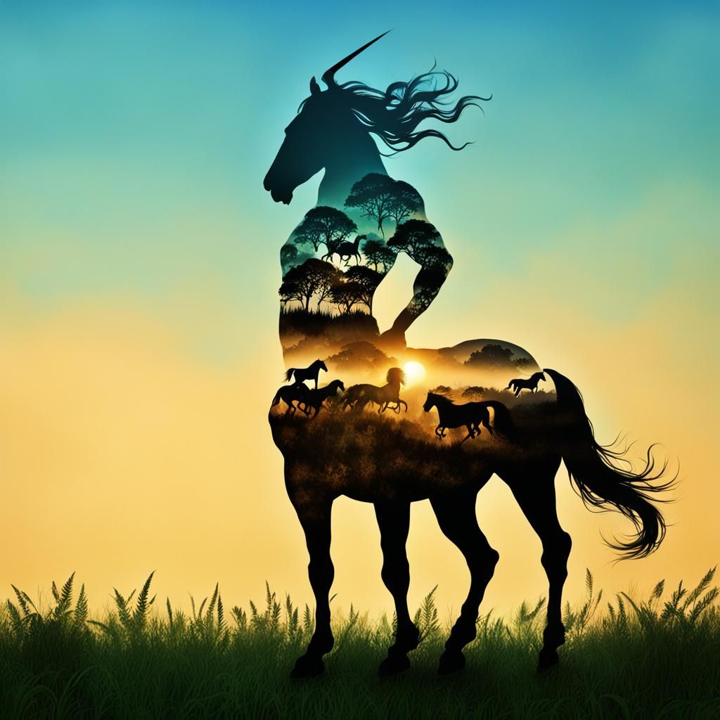 Centaur Silhouette Double Exposure with Wild Horses