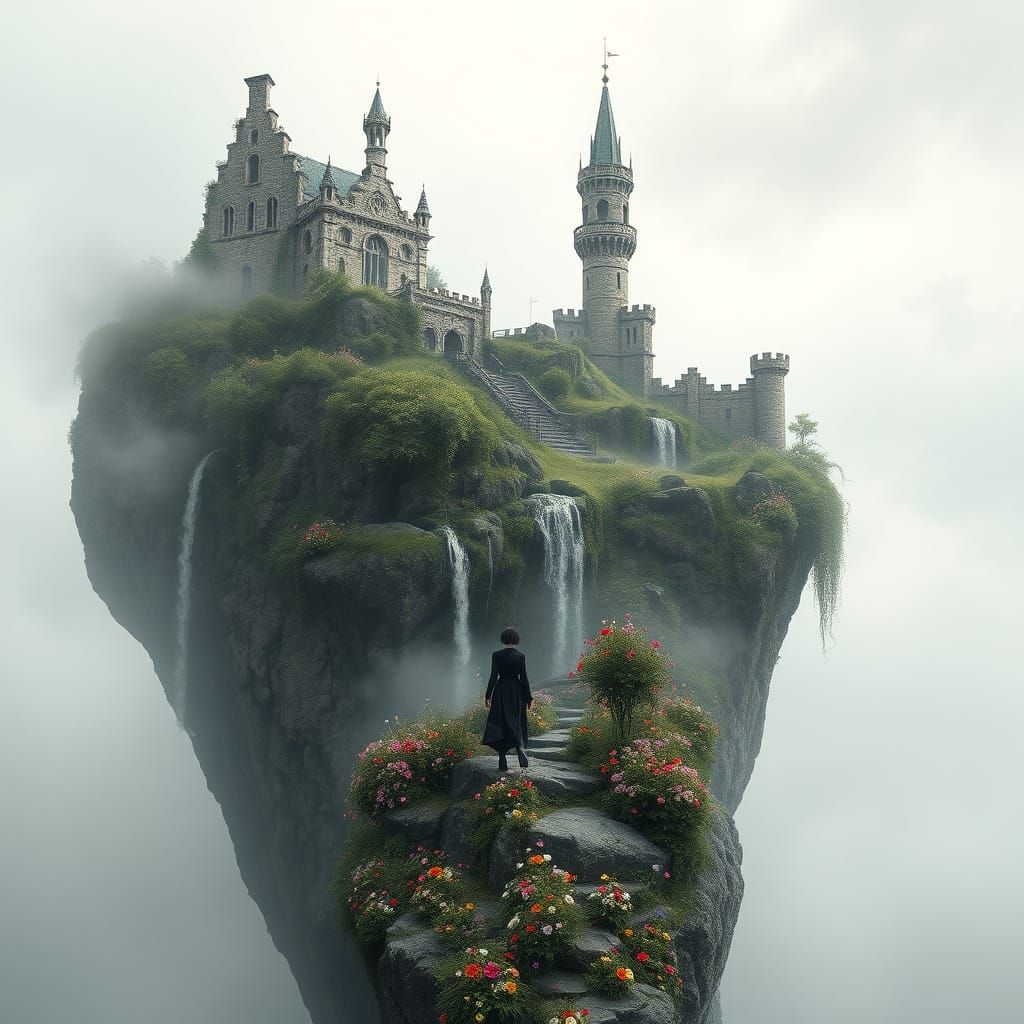 Whimsical Castle Ruins in a Dark, Surreal Landscape