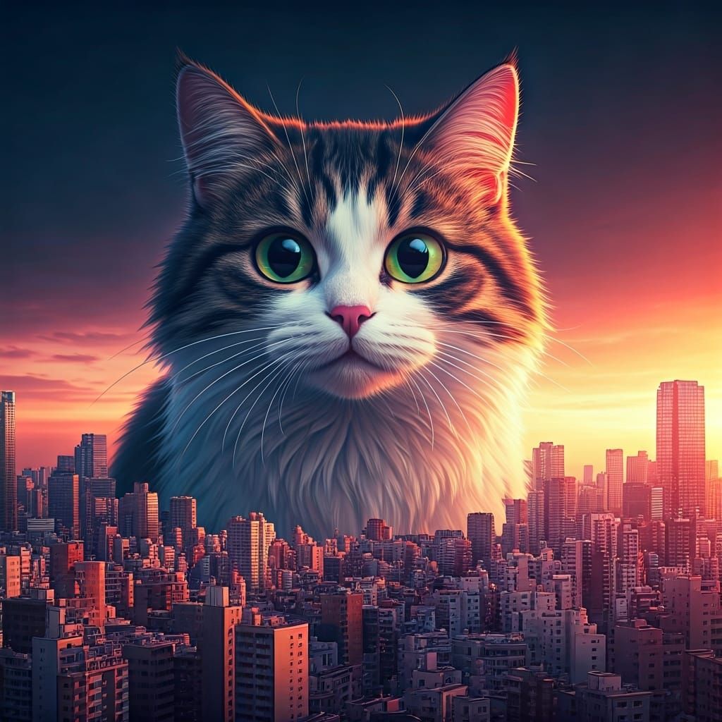 Ginormous Chibi Cat Towers Over Tokyo in Synthwave Lighting