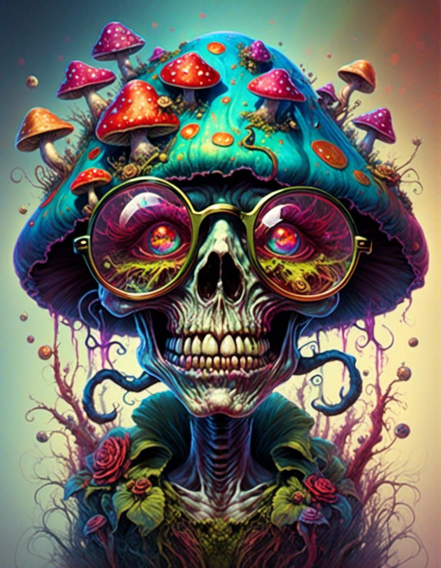 Psychedelic Mushroom Zombie with Whimsical Grin