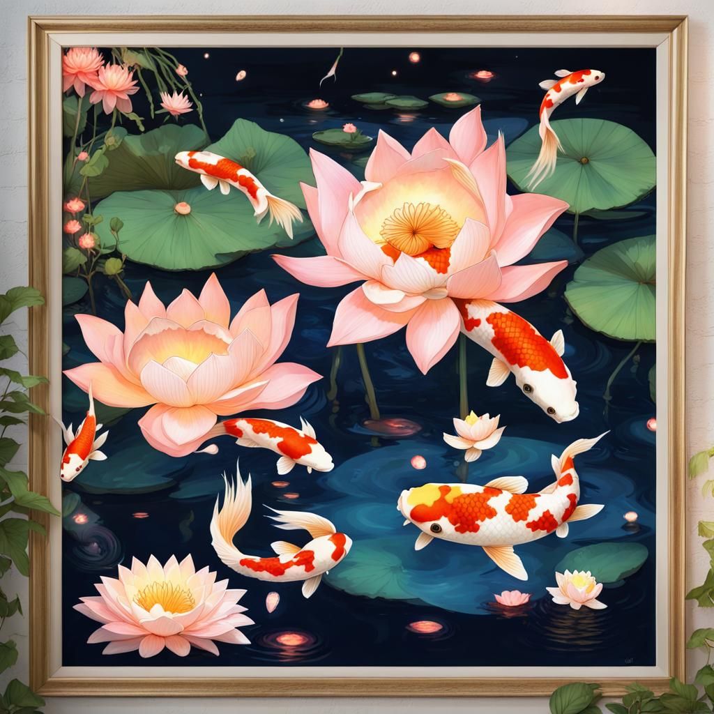 Fairies Dance in Luminous Koi Pond at Night