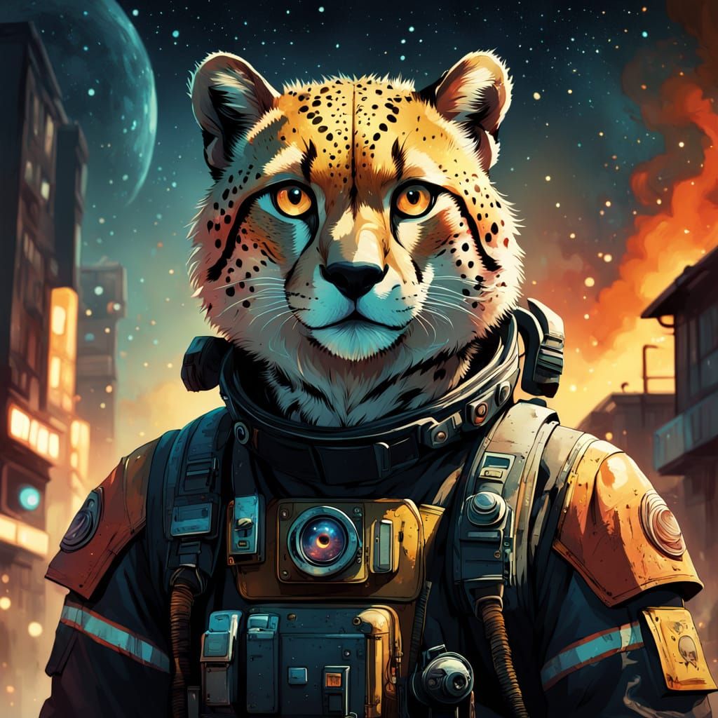 Anime Cheetah Firefighter Portrait in Watercolor Style