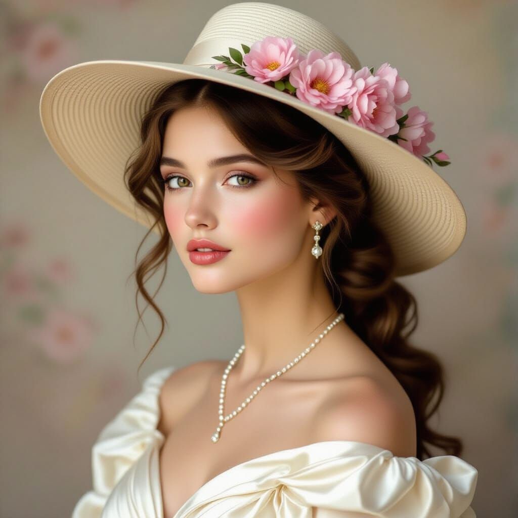 Elegant Woman in Floral Hat, Pre-Raphaelite Style