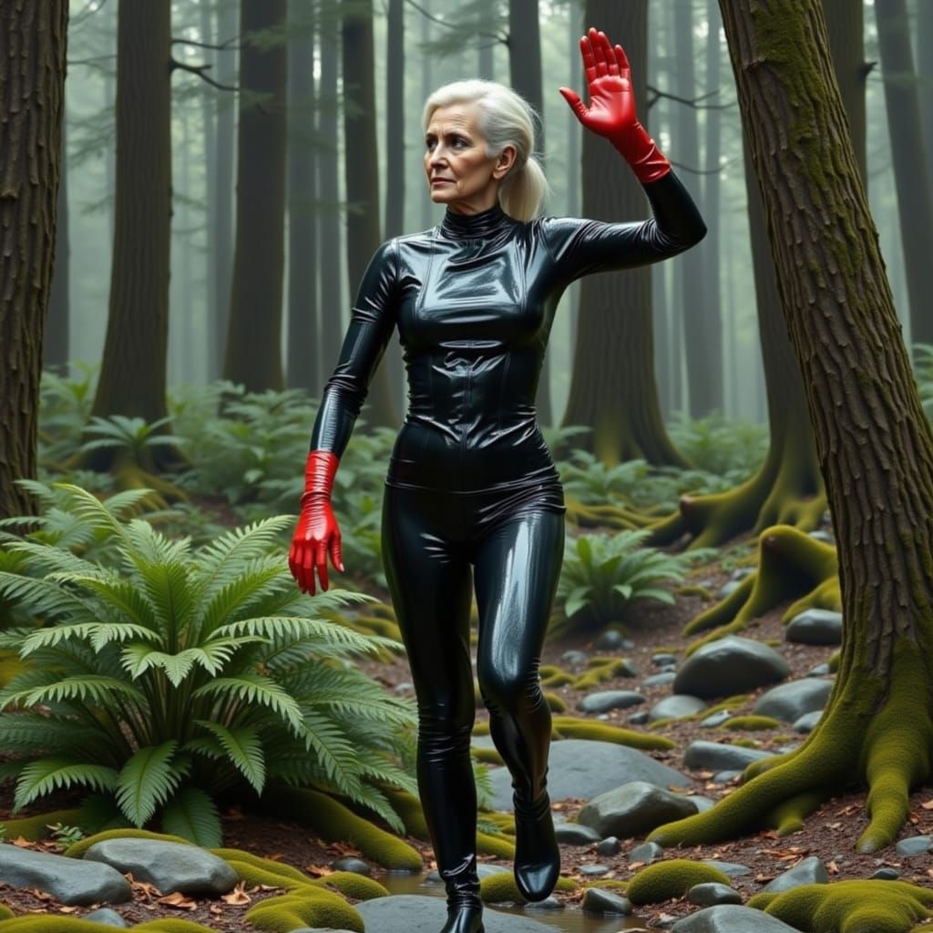 Elegant Elder Woman Practices Tai Chi in Blood Red Latex