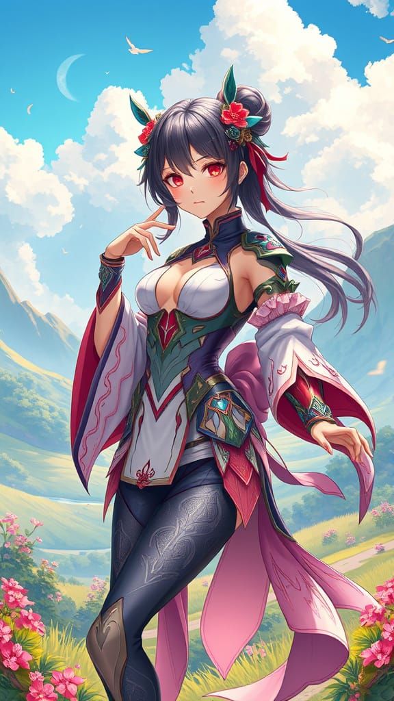 Genshin Impact Heroine in Anime-Inspired Landscape