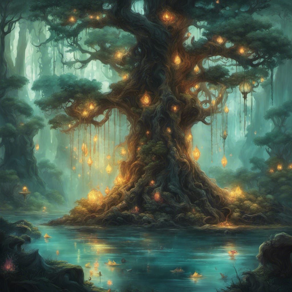 Fantasy Realm of Bioluminescent Trees and Mythical Creatures