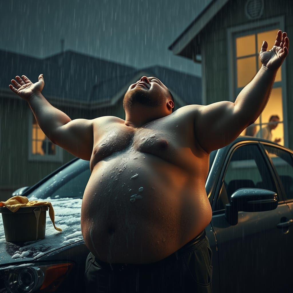 Man's Frustrated Moment in the Rainstorm