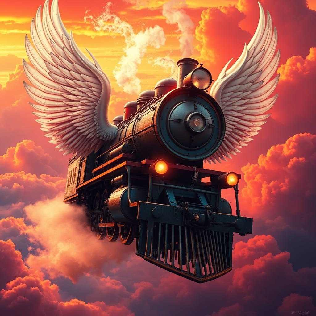 Un viejo tren vuela con alas blancas por las nubesdel amanecer rojo