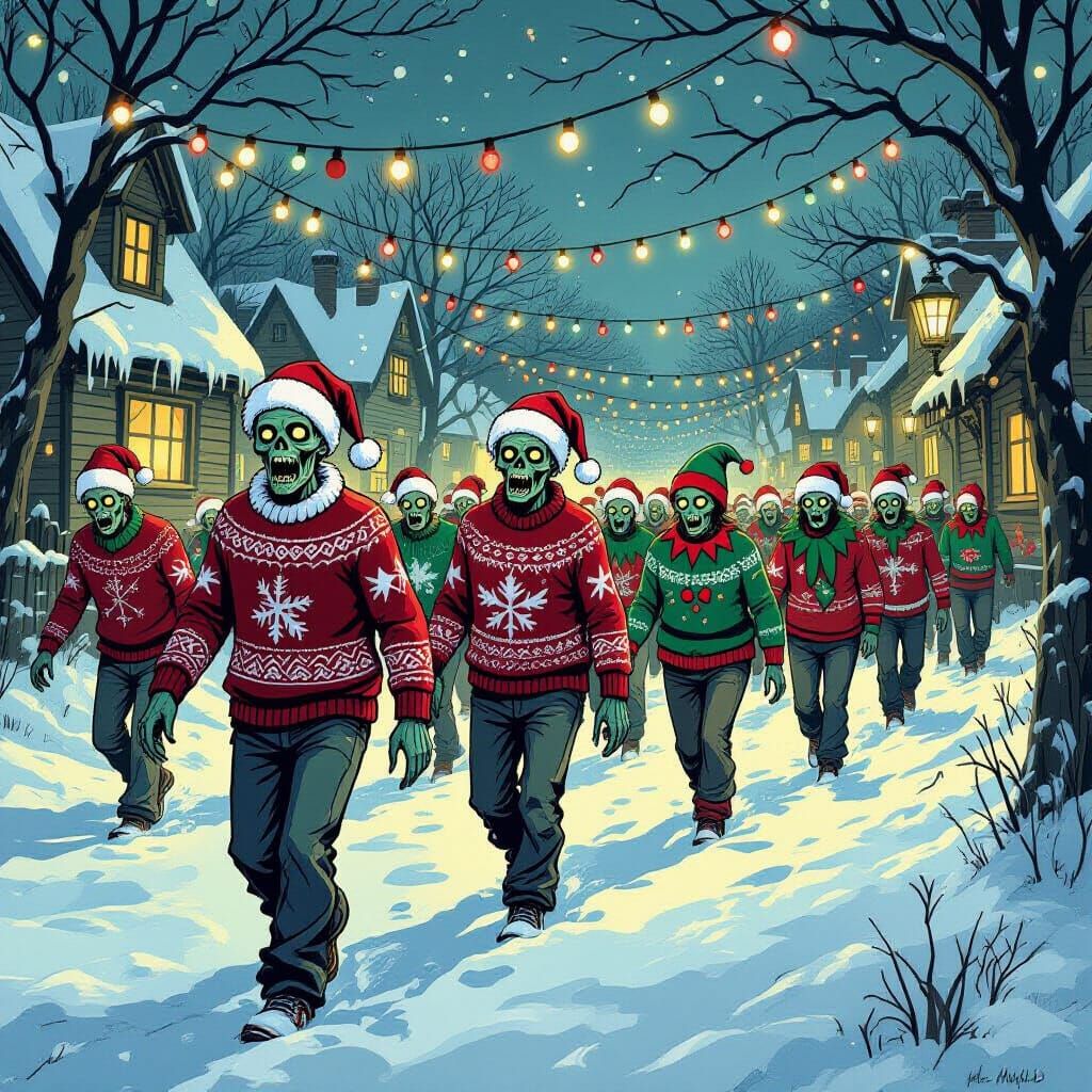 Zombies in Festive Attire Roam Snowy Village
