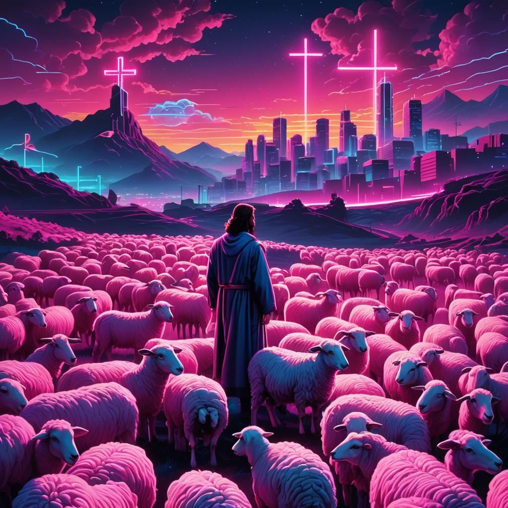 Jesus Watches His Flock in Synthwave Neon City