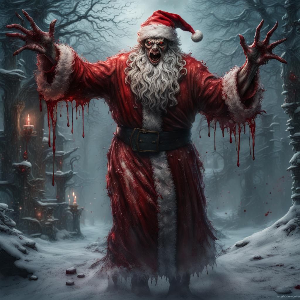 Scary Bloody Horror Monster Santa Claus in Detailed Painting
